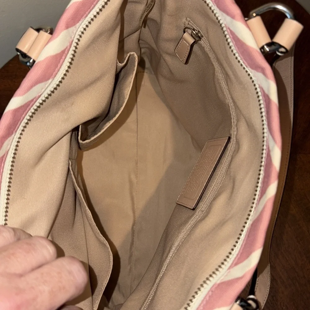 Coach Pink zebra striped tote canvas/light tan leather trim/2 hangtags like new